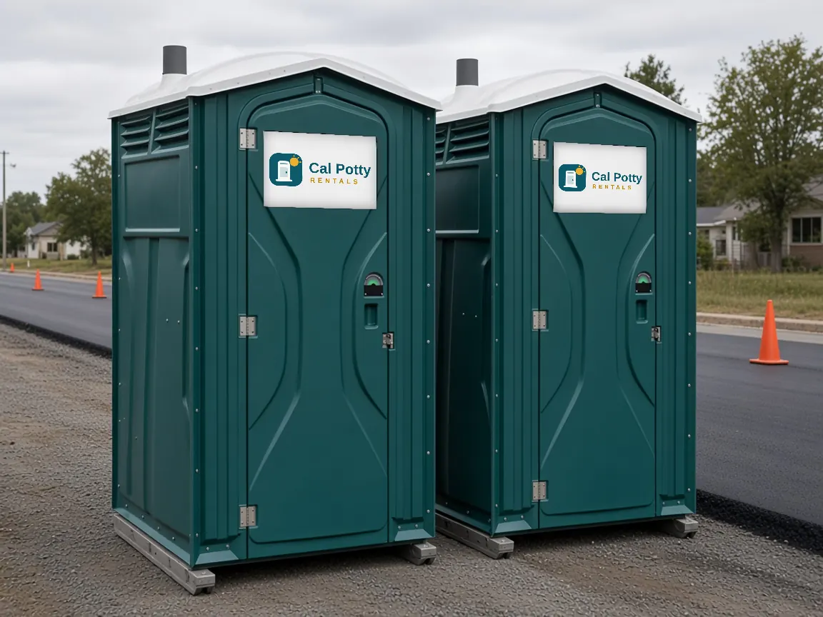 Two teal porta potties beside a road-paving job with traffic cones, an example setup for porta potty rental in Belmont