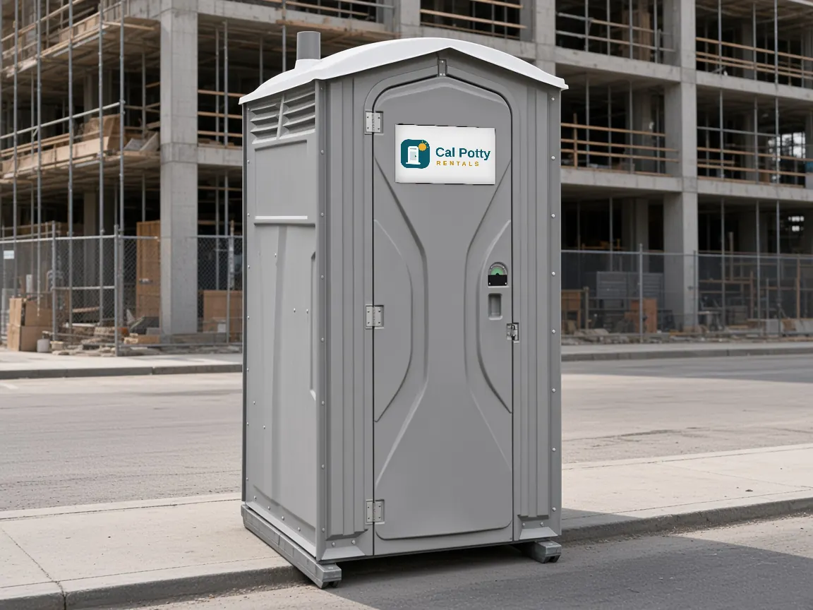 A grey porta potty on a city sidewalk beside a multi-story concrete building under construction