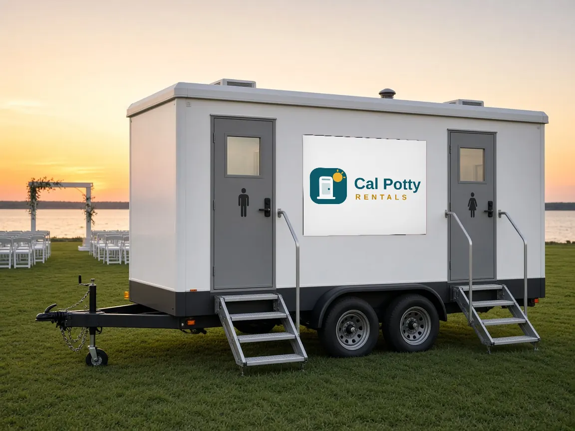 A grey and white restroom trailer on a lawn at sunset beside a lakeside wedding setup
