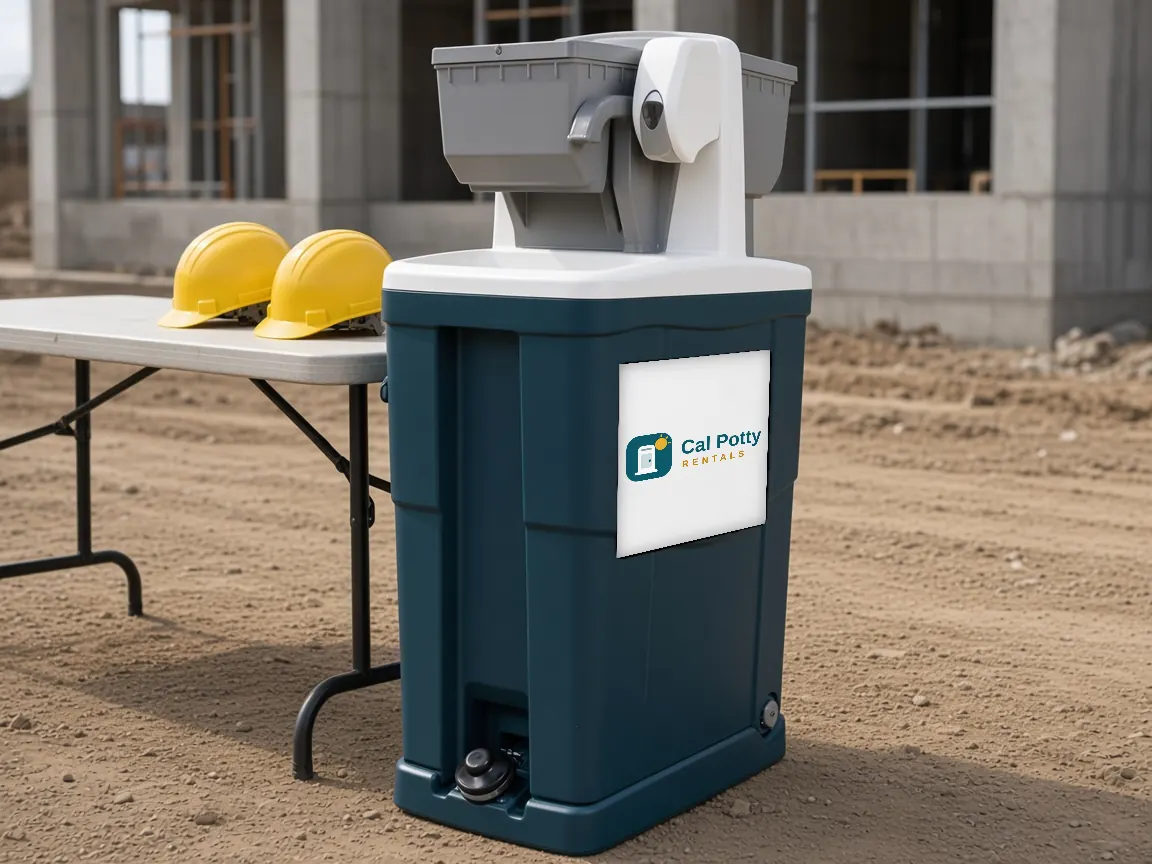 A teal handwashing station at a dirt construction site beside a folding table with yellow hard hats