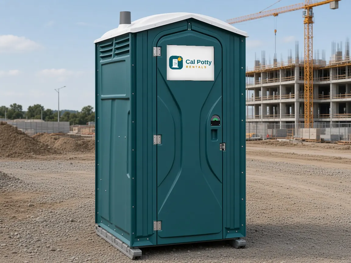 A teal porta potty on a gravel lot with a construction crane and building frame behind