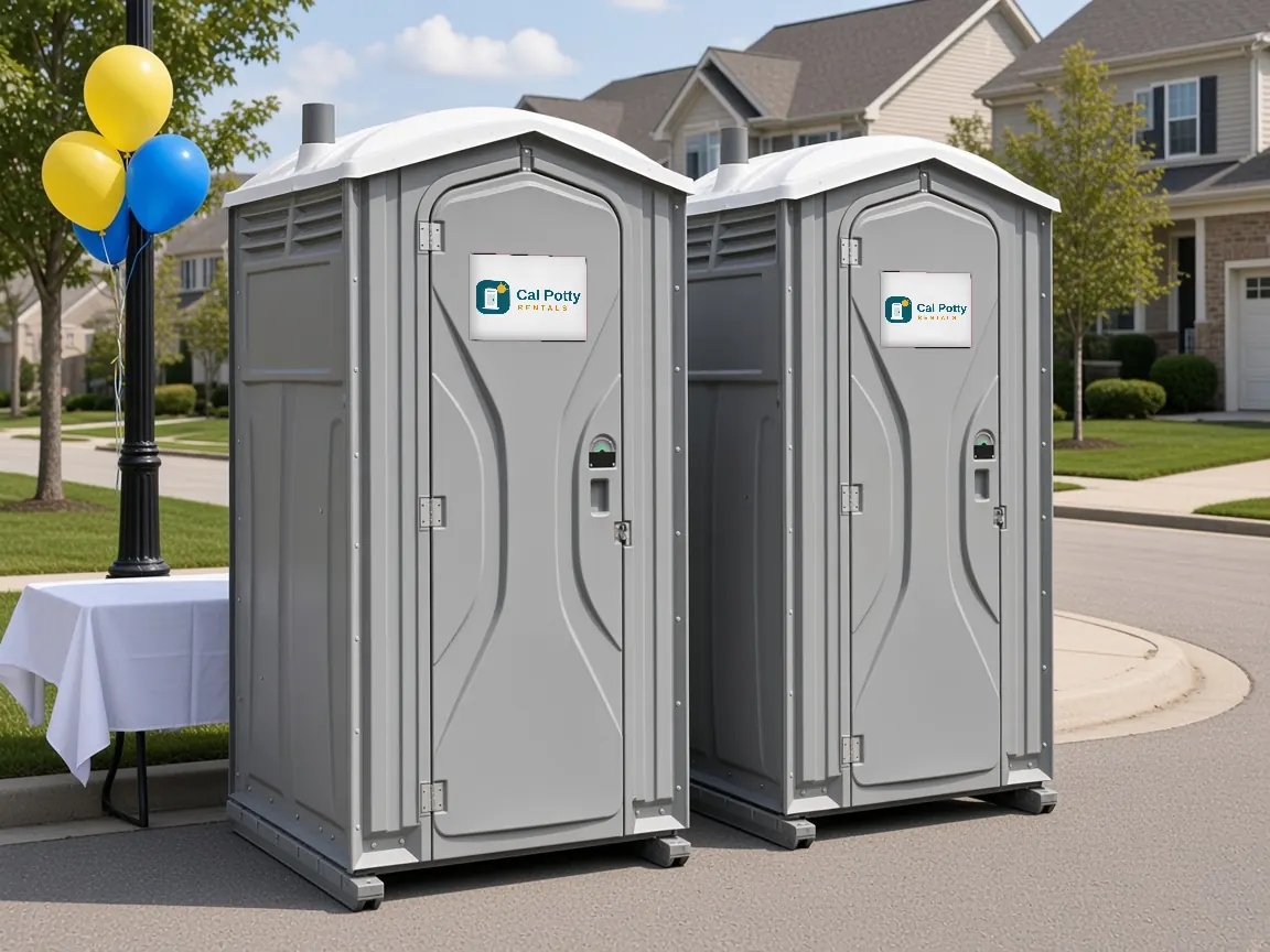 Two grey porta potties on a residential street beside a table and yellow and blue balloons